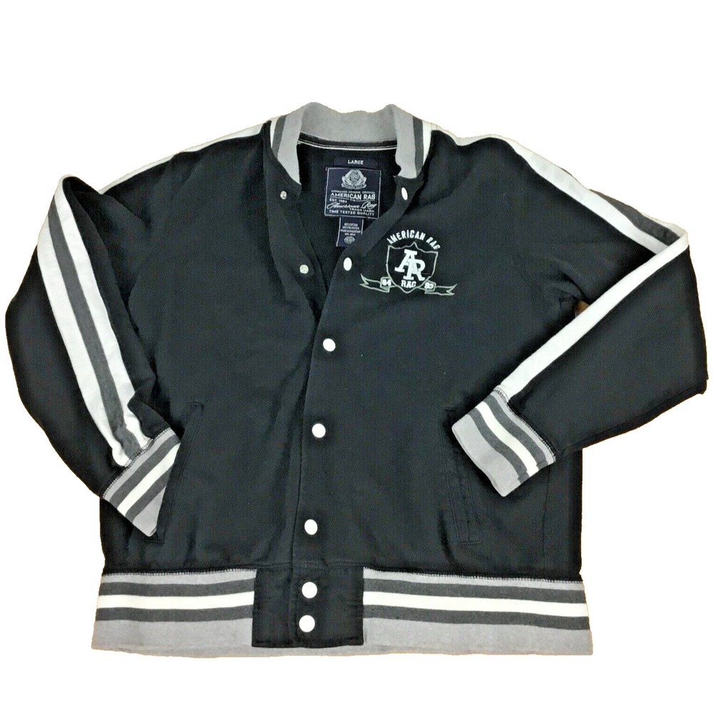 American Rag Mens Large Black Gray White Striped Snap Front Varsity Jacket L